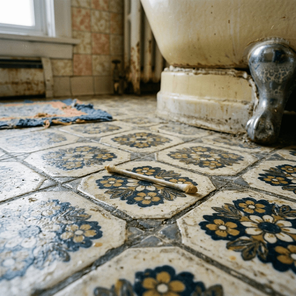 Cotton swab lying on vintage floral tile floor near an old bathtub base.