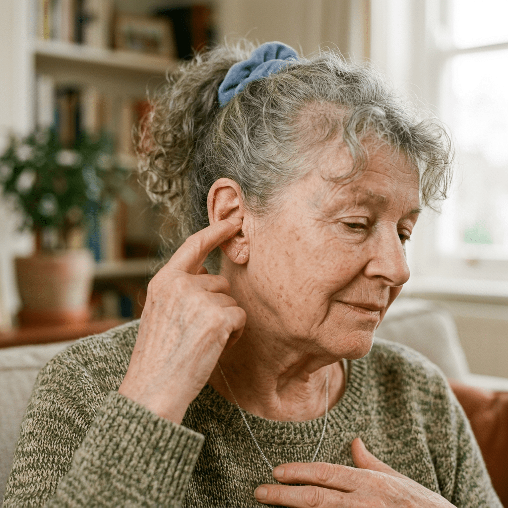 Elderly woman touching her ear, looking concerned