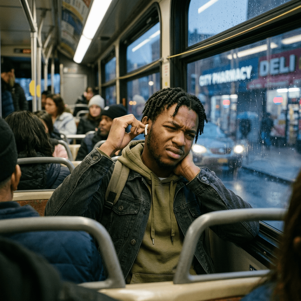 Young man on bus touching ear in discomfort while wearing earbuds