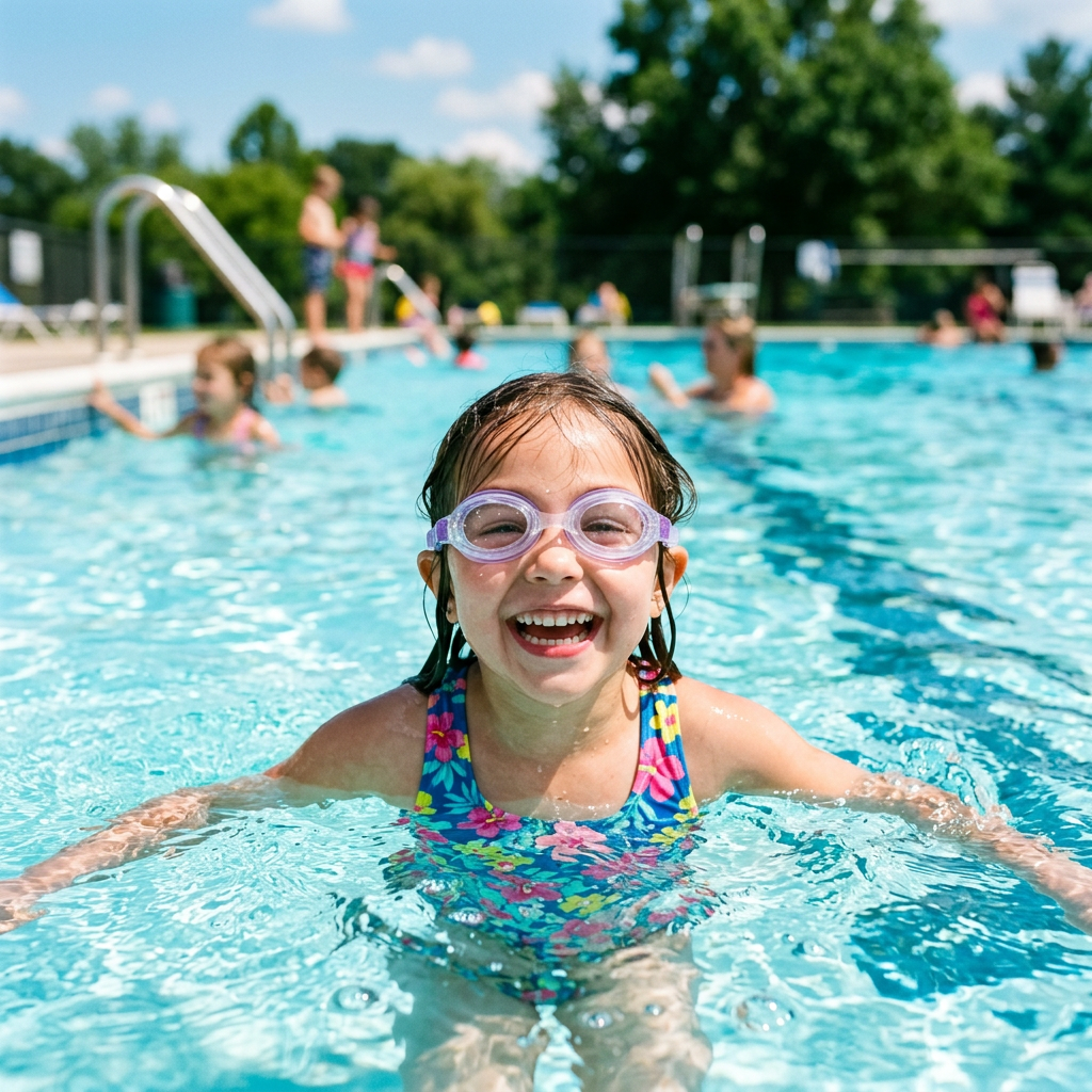 Smiling young girl with purple goggles swimming in outdoor pool